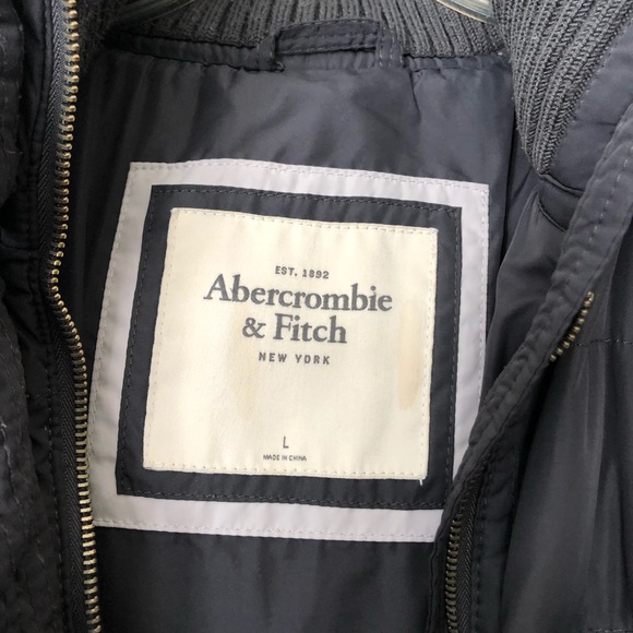 Abercrombie & Fitch Long Puffer Coat Waist Tie & Faux Fur Trim Hood Sz. L Gray - Picture 5 of 11